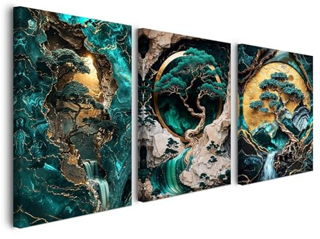 Set di 3 quadri da parete 30×40 cm Verde Oro Paesaggio Albero Tela incorniciata Immagini vintage per soggiorno, camera da letto, cucina, ufficio con ganci, chiodi e fissaggio a strappo magico pronti