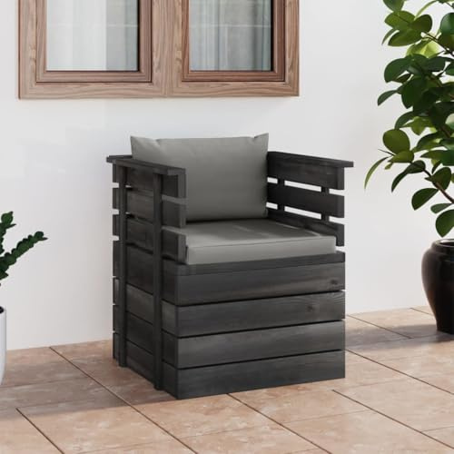 kithwjll Gartensessel mit Kissen, Kiefernholz Massiv, 70x65x71,5 cm, Grau, Modulares Outdoor Sofa für Garten Balkon Terrasse, Wetterfeste Lounge Sitzgruppe