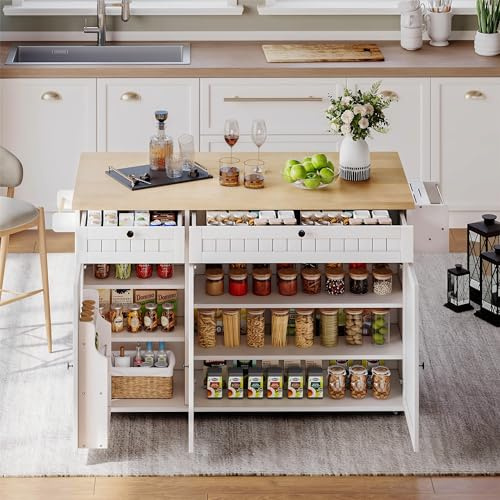 Bladez Isla de cocina con encimera plegable y 6 ruedas, armario de cocina móvil de 137 cm con 2 cajones, estante y compartimento para puerta, color blanco/natural, multifuncional para cocina/comedor