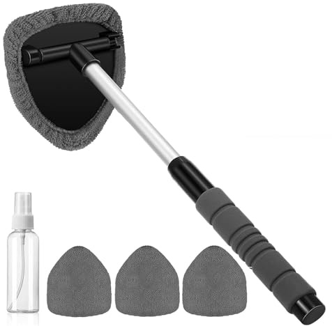 Zorkkra Telescopic Windscreen Cleaner Tool - Car Window Cleaner Inside/Outside with 4 Reusable Microfiber Pads & 100ml Spray Bottle, Streak-Free for Car/Home Glass (Grey)