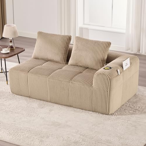 Bequemes Zweisitzer-Sofa aus Cord – kein Aufbau erforderlich, weiche Rückenlehnenkissen, seitliche Aufbewahrungstaschen für Fernbedienung und Mobiltelefon, integrierter Getränkehalter. (khaki)