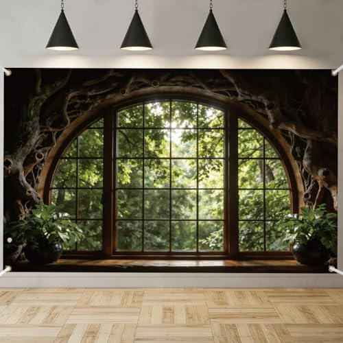 TNKBREEZE Forest Backdrop Window Background Banner 180x110cm Polyester Nature Photography Backdrop for Birthday Wedding Party Banner Decorations Photo Studio Portrait Photoshoot