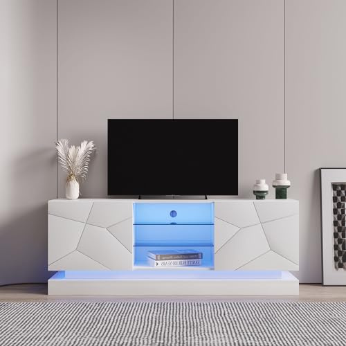 FammyLoft High Gloss TV Stand Unit, LED Entertainment Centre for TVs up to 70 Inch, Modern TV Cabinet with Storage Shelves and Cabinets, Media Console Table for Living Room, 160 * 38.5 * 60 cm, White