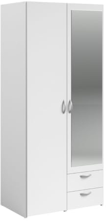 AltoBuy Armoire 2 Portes 2 tiroirs Blanche avec Miroir - AMAEL