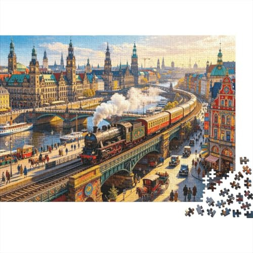 Hamburg Puzzle 1000 Stücks Recycled Steam Train Senior Puzzles Partyspielzeug Tolle Geschenkidee for Family and Friends Birthdays 52x38cm/1000pcs