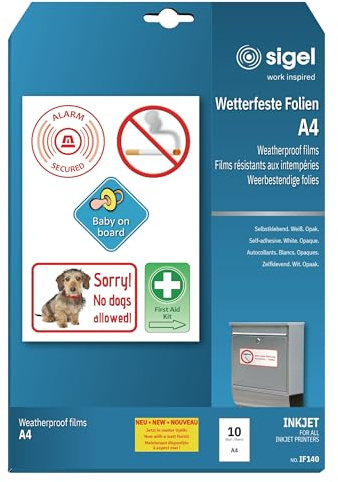 SIGEL IF140 InkJet Folien A4 selbstklebend wetterfest 10 Blatt | IF140, Opake Folien für Innenbereiche und kurzfristige Außeneinsätze