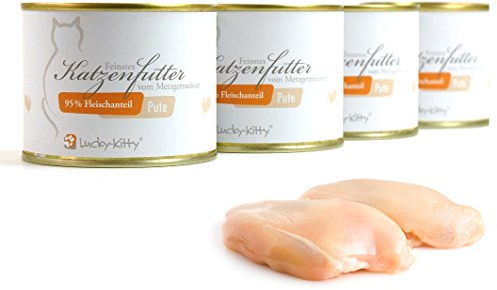Lucky-Kitty Katzenfutter Nass Pute, 95% Fleisch I Katzenfutter ohne Getreide & Zucker, Lebensmittelqualität I Nassfutter für Katzen, Keine Zusätze I Kittenfutter Made in Germany I 4x200g