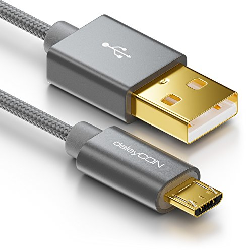deleyCON 2m Câble Micro USB Nylon - Connecteurs Métalliques, Charge Rapide et Données pour Smartphone et Tablette - Gris