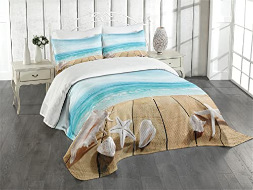 ABAKUHAUS Muscheln Tagesdecke Set, Sonnenschein Malediven Deck, Set mit Kissenbezug Romantischer Stil, für Einzelbetten 170 x 220 cm, Sand BrownPale braunes beige