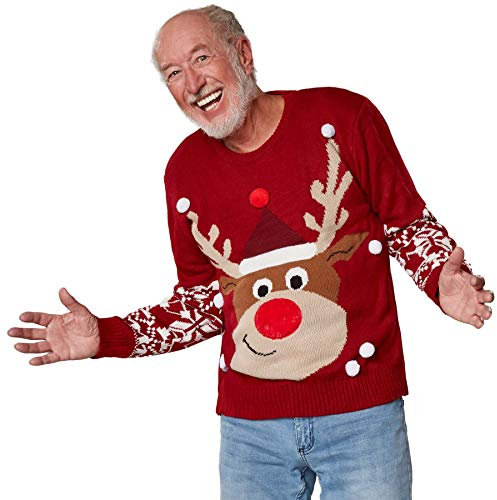 dressforfun 900836 Unisex Weihnachtspullover Rudi Rentier, Strickpullover mit Rundhals-Ausschnitt, rot - Diverse Größen - (XXL | Nr. 303389)