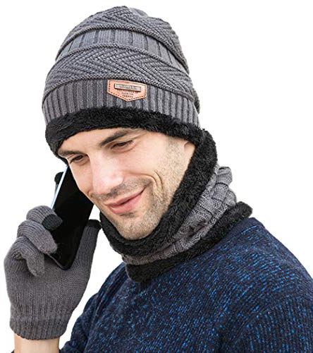 Gisdanchz Loop Dicker Fleece Schal Skifahren Warme Mütze Herren Winterschal Neck Warmer Handschuhe Warm Herren Strick Touchscreen Winter Gloves Men Dünn Winterset Mütze Schal Handschuhe Grau