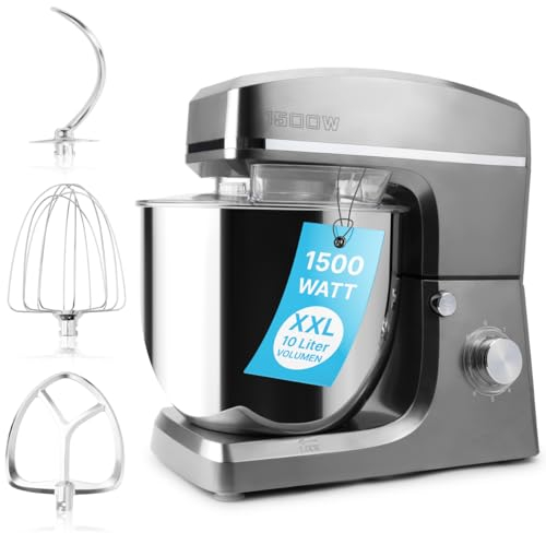 Clatronic® Robot de cocina XXL para hornear, amasadora grande de 10 l, potente motor de 1500 W, máquina de masa con gancho y batidor, máquina para amasar masa XXL, protección contra salpicaduras y