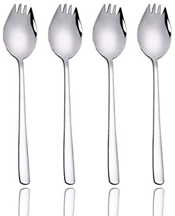 FansQ Cuchara de ensalada de acero inoxidable 304, 2 en 1 tenedor de cena, cuchara de sopa, pack con 4 unidades