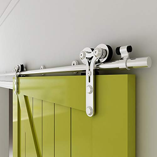 TSMST 152CM/5FT Stainless Steel Sliding Door Track Barn Door Hardware Kit Closet Rail Roller Accessory Double Wheel Ram Horn Style