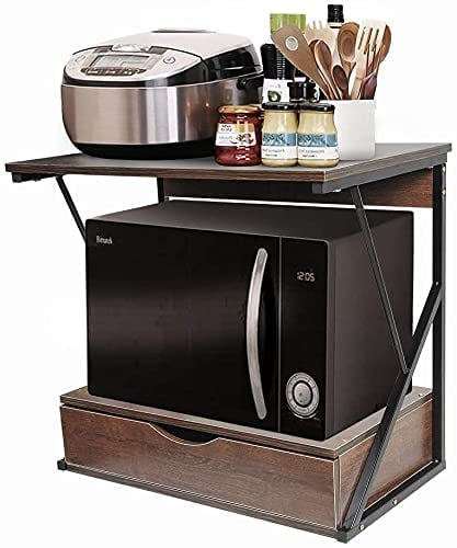 2 Tier Kitchen Countertop Microwave Oven Unit Shelving Stand Rack for Household Storage Organizer, Home Office Desktop Shelf Printer Rack Free Standing Metal Frame Wood Tabletop