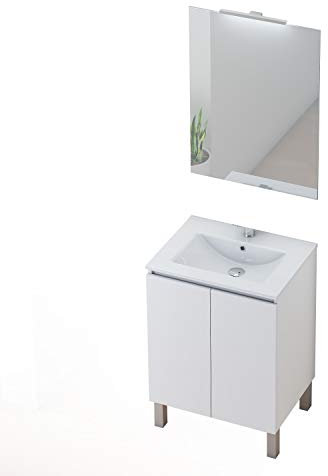 Baikal Meuble de Salle de Bain avec lavabo et Miroir avec Applique LED avec Pieds, Deux Portes, Finition Blanc Mat, mélamine 16, Facile à Assembler 16 mm, 60 x 46 x 82 cm