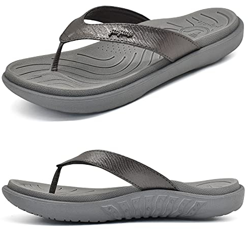 jiajiale Tongs Femme Mode Orthopédique Cuir Confortable Soutien Voûte Plantaire Tongue Legere Yoga Mat été Plage Piscine Flip Flop Douche Antidérapante Caoutchouc Semell Gris EU39