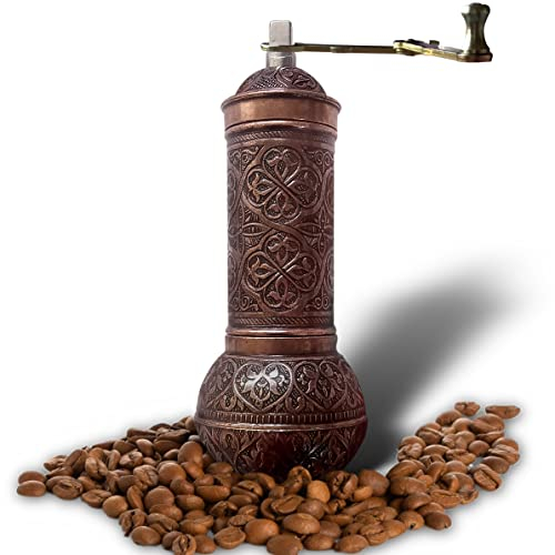 Molinillo de café antiguo, molino de estilo turco recargable con amoladora ajustable de calificación, molino de café manual con mango (cobre marrón)