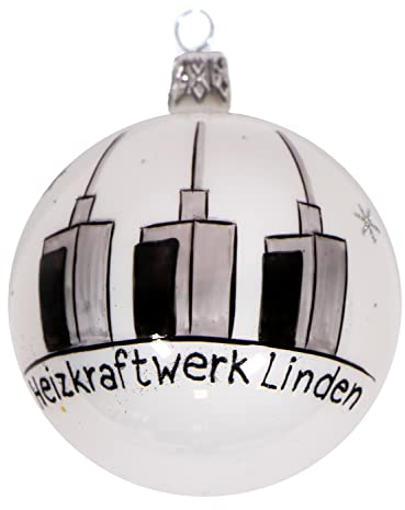 mgc24 Weihnachtskugel Christbaumkugel Baumschmuck Glas handbemalt Ø 8cm - Motiv Hannover Heizkraftwerk Linden, weiß
