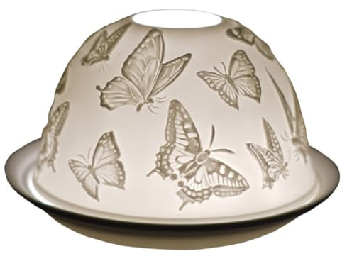 Cello Porzellan Teelichthalter Kuppel - Schmetterling Deko | Kuppelform mit 3D-Schmetterlingsmotiv und Botschaft; für Teelichter oder LED-Kerzen; dekorative Geschenkidee.