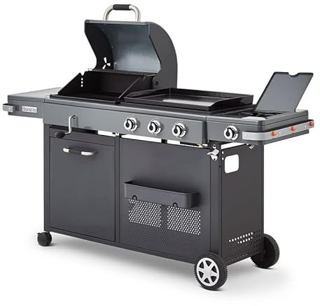 BRASERO - Barbecue Bi-Energy Gun Metal XL - Barbecue Charbon et Plancha 60 x 42 cm à gaz avec brûleur latéral -12,95 KW
