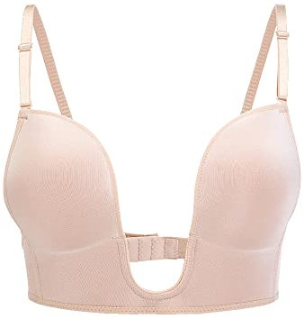 KOEMCY Reggiseno Schienale Scoperta da Donna a Forma di U Senza Ferretto Push up Bralette Profondo Scollo a V Reggiseno Senza Cuciture Removibile Imbottita Biancheria Intima (Beige,C)