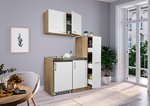 Respekta Küche Miniküche Küchenzeile Küchenblock 130 cm Eiche Sägerau weiß
