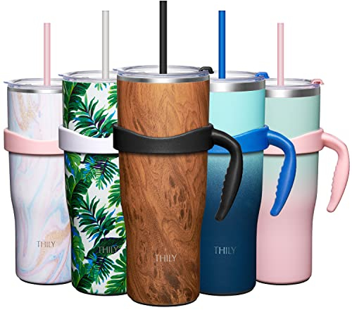 THILY Stainless Steel Vacuum Insulated Tumbler 1180 ml Coffee Travel Mug with Handle and Lids, Reusable, Sweat Proof, Keep Drinks Cold for Iced Drinks and Hot Beverage, BPA Free, Original Woodgrain