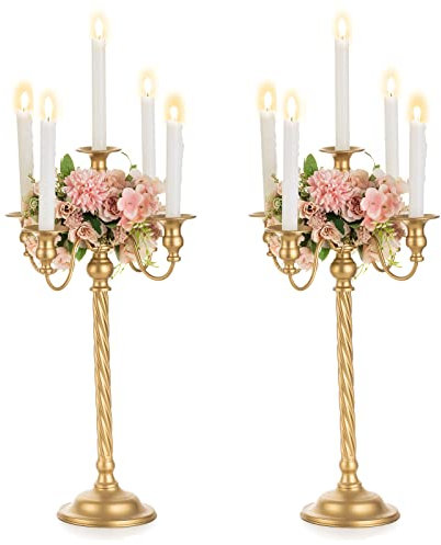 Nuptio Kerzenständer Gold Kerzenleuchter 5 Armig: 53cm 2 Stück Kandelaber Kerzenständer für Tisch Centrepiece, 5 Arm Vintage Kerzenhalter für Hochzeit Empfang Geburtstag Urlaub Küche Kamin
