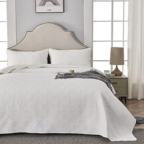 Qucover Colcha Cama 180, Juego de Colcha Verano Ultrasónica Con 2 Fundas de Almohada 50x75cm, Cubrecama 240x260 Blanca Microfibra, Manta Superligera Con Patrón Geométrico