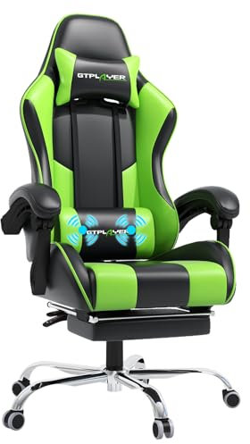 GTPLAYER Gaming Chair, Massage Ergonomic Computer Chair with Footrest and Lumbar Support Height Adjustable with 360°-Swivel Seat and Headrest for Office Green