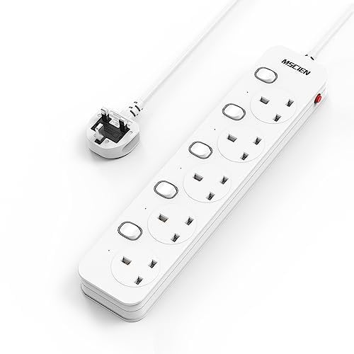 Mscien Extension Lead 1M 5 Way Plug Sockets with Individual Switches, Overload/Surge Protection Wall Mountable Power Strip 1 metre Extension Cable 13A/3250W