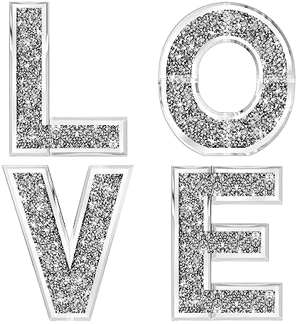 Artloge Home Wand Deko Kristall Buchstaben Love, 4 Stück Silber Glas modern Holz stehend Tischdeko für Wohnzimmer 20cm