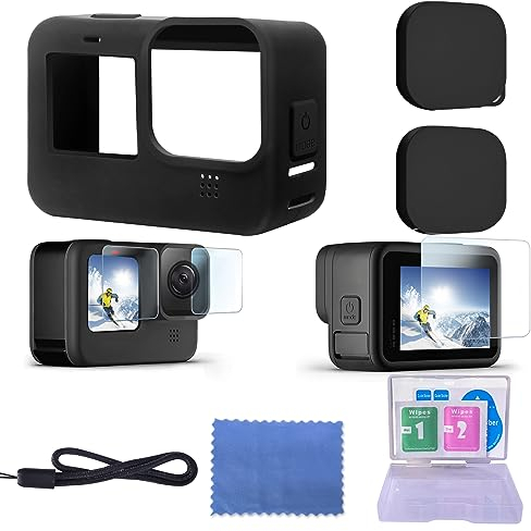 DIKER Silikon Schutzhülle für GoPro Hero 13 12 11 10 9 Black, GoPro Case mit Panzerglas, Objektivdeckel Schwarz& Displayschutzfolien