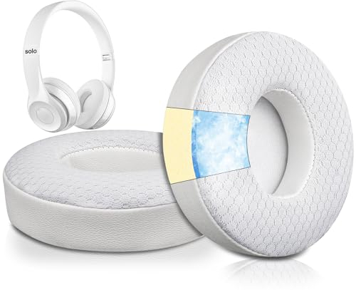 SoloWIT Cooling Gel Replacement Ear Pads Cushions for Beats Solo 2 & Solo 3 Wireless On-Ear Headphones, Earpads with High-Density Noise Isolation Foam, Added Thickness - White