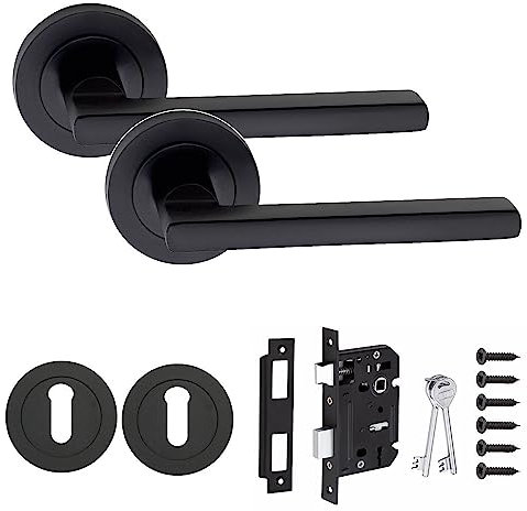 Golden Grace Leon Design Key Lock Door Handles Set on Round Rose in Matt Black Finish with 64mm 3 Lever Mortise Lock & Key Hole