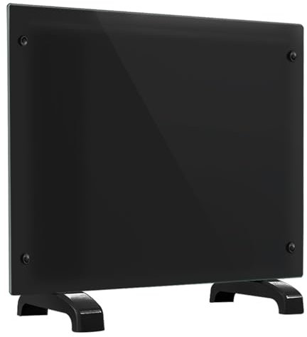 Electric Heater Glass Panel Radiator - Ultra Slim (11cm) - 1Kw - Adjustable Thermostat - Wall Mountable or Free Standing - Wall Bracket Included, Black