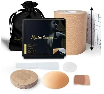 4 in 1 Set Premium Boob Tape Push Up Seno | Nastro Adesivo Cerotti Largo 7,5cm*5m + Coppie di Copricapezzoli 2 in Silicone Riutilizzabili + 10 Monouso + Nastro per Abiti | Push-Up per Grandi | A a D
