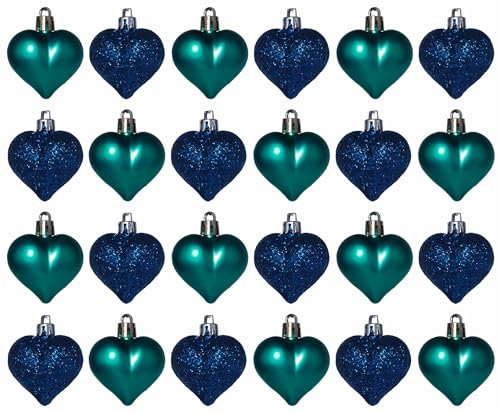 Christmas Tree Heart Baubles Decorations - Kingfisher Teal Navy Blue - Set of 24