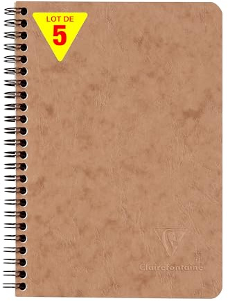 Clairefontaine 78566Cpack - Packung 5 Spiralbuch - Notizheft Age Bag mit Innentaschen DIN A5 14,8x21 cm, liniert, 60 Blatt, Tabakbraun, 5 Stück