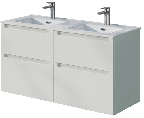 Bernstein Badmöbel-Set Vireo 120cm bestehend aus Doppel-Waschbecken und Unterschrank mit 2 Schubladen, Waschbeckenunterschrank in Weiß matt - 5 Jahre Garantie - Waschtisch in Weiß
