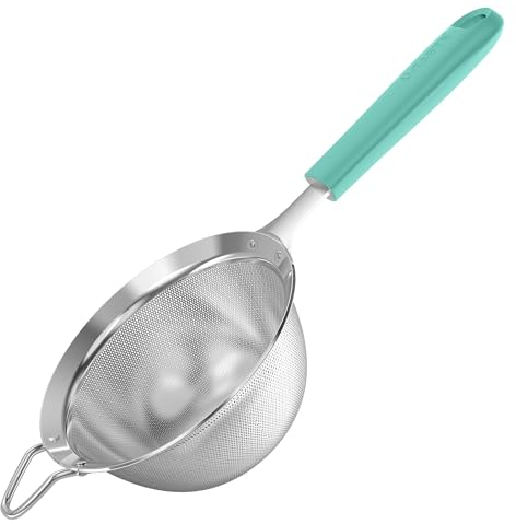 U-Taste Tamis à mailles fines: Passoire de cuisine en acier inoxydable 18/8 de 12 cm avec poignée rivetée en silicone robuste pour tamiser la farine, égoutter le thé, le riz, le quinoa (Sarcelle)
