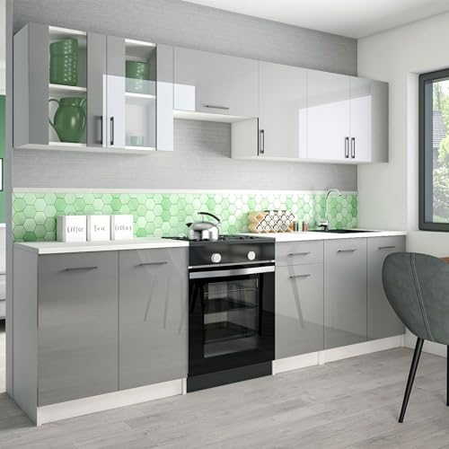 roe furniture Küchenzeile ohne Elektrogeräte - Modern Einbauküche 260 cm - Küche Komplett Leco - Küchenblock - Geräumige Singleküche - Küchenmöbel Komplett Grauer Hochglanz & Weiße Arbeitsplatte