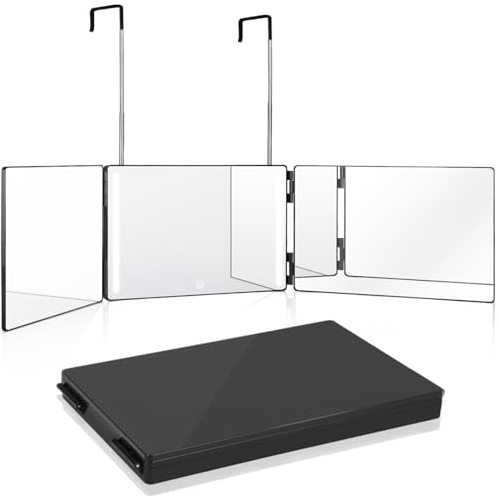 GOQELK 360 Grad Spiegel mit LED - Spiegel Haare Selbst Schneiden Faltbarer Rasierspiegel mit 5X Vergrößerungsspiegel, Verstellbarer Kosmetikspiegel für das Badezimmer- Perfekt für, Styling und mehr