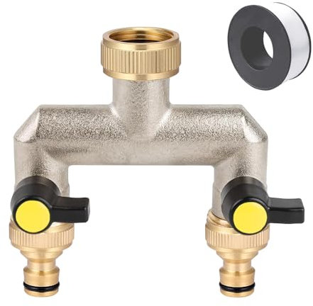 KUWUNG Brass Hose Splitter 2 Way,Garden Tap Splitter with Brass Hose Connector,3/4 Female to 2-Way Male Thread with 2 Individual Ball Valves and 10m Sealing Tape,Hose Pipe Splitter 2 Way