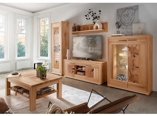 Lomadox Wohnmöbel Set Wohnwand Kernbuche massiv geölt montiert 5-teilig Modern, Vitrine, Wandboard, Lowboard, Highboard, Couchtisch