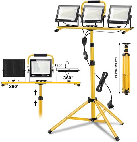 Projecteur LED Chantier avec Trépied - 300W 30000LM 6500K Projecteur Chantier vec Trépied Télescopique en Métal Réglable, Rotation à 360 °, Câble 3M, Étanche IP65 Projecteur de Chantier Pour Chantier