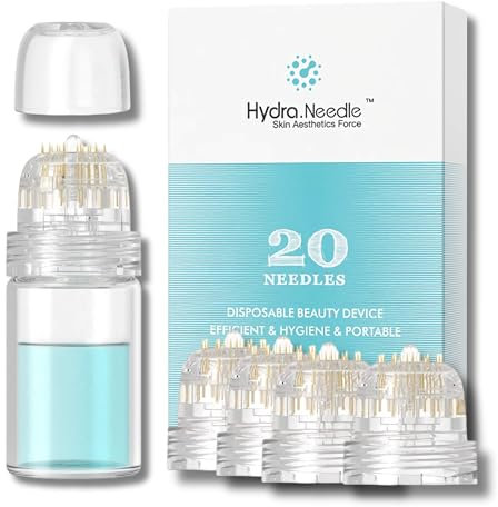 Derma Stamp Hydra Aiguille, outil facial à domicile avec 4 têtes de rechange pour tampon à micro-aiguilles en titane doré, 20 broches de longueur 0,5 mm, flacon applicateur de sérum réutilisable pour