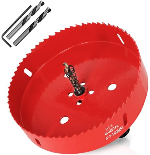 KACNON Seghe a Tazza Bi-Metallica 160 mm, M42 HSS Sega A Tazza Trapano, con Adattatore Esagonale e Punta di Centraggio, per Forare Plastica, PVC, Legno, Fibra di Legno, Metallo Dolce, Rosso
