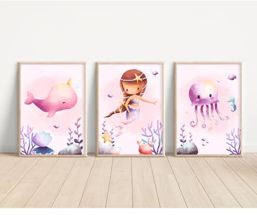 MeinBaby123® Meerjungfrauen Poster | 3er Set DIN A4 | Kinderzimmer Deko für Mädchen | Bild | Geschenk (Meerjungfrauen V1)